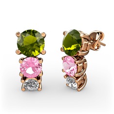 Peridot, pembe kuvars ve beyaz zirkon 14 ayar rose altın küpe