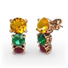 Scala Küpe - Sitrin, yeşil kuvars ve kök yakut 14 ayar rose altın küpe #1e16xme