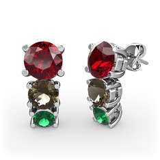Garnet, dumanlı kuvars ve yeşil kuvars 18 ayar beyaz altın küpe