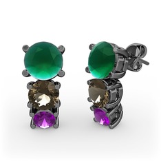 Scala Küpe - Kök zümrüt, dumanlı kuvars ve ametist 925 ayar siyah rodyum kaplama gümüş küpe #1e9dizg