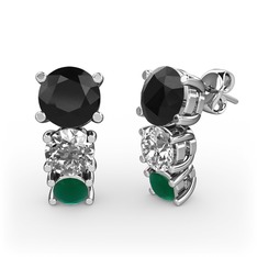 Siyah zirkon, pırlanta ve kök zümrüt 8 ayar beyaz altın küpe (0.48 karat)