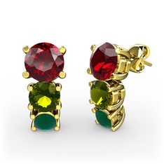 Garnet, peridot ve kök zümrüt 8 ayar altın küpe