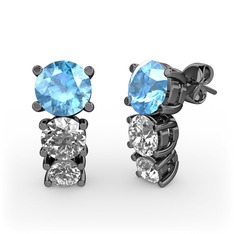 Akuamarin, pırlanta ve swarovski 925 ayar siyah rodyum kaplama gümüş küpe (0.48 karat)