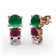 Scala Küpe - Kök zümrüt, kök yakut ve pırlanta 18 ayar rose altın küpe (0.22 karat) #1f7e4f6