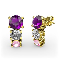 Scala Küpe - Ametist, beyaz zirkon ve pembe kuvars 14 ayar altın küpe #1fj4mko