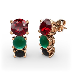 Garnet, kök zümrüt ve siyah zirkon 8 ayar rose altın küpe