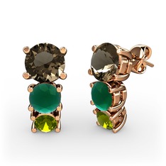 Dumanlı kuvars, kök zümrüt ve peridot 14 ayar rose altın küpe