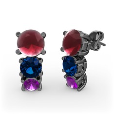 Kök yakut, lab safir ve ametist 925 ayar siyah rodyum kaplama gümüş küpe