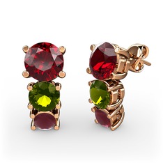 Garnet, peridot ve kök yakut 14 ayar rose altın küpe