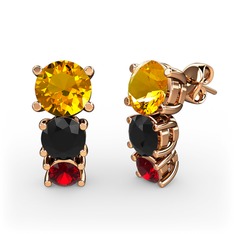 Sitrin, siyah zirkon ve garnet 18 ayar rose altın küpe