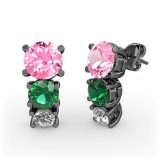 Scala Küpe - Pembe kuvars, yeşil kuvars ve pırlanta 925 ayar siyah rodyum kaplama gümüş küpe (0.22 karat) #1i22u4f