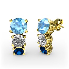 Akuamarin, swarovski ve lab safir 8 ayar altın küpe
