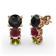 Siyah zirkon, kök yakut ve peridot 14 ayar rose altın küpe