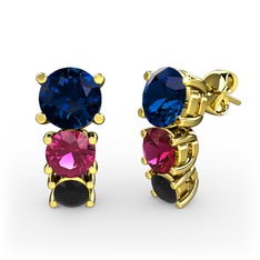 Lab safir, rodolit garnet ve siyah zirkon 14 ayar altın küpe