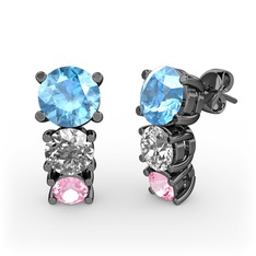 Akuamarin, pırlanta ve pembe kuvars 925 ayar siyah rodyum kaplama gümüş küpe (0.48 karat)