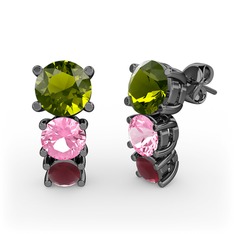 Peridot, pembe kuvars ve kök yakut 925 ayar siyah rodyum kaplama gümüş küpe