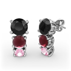 Scala Küpe - Siyah zirkon, kök yakut ve pembe kuvars 18 ayar beyaz altın küpe #1jokpl7