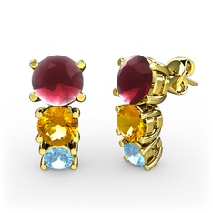 Scala Küpe - Kök yakut, sitrin ve akuamarin 8 ayar altın küpe #1k4963x