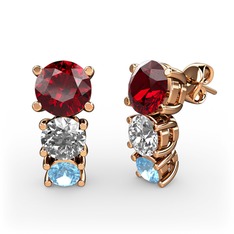 Garnet, beyaz zirkon ve akuamarin 8 ayar rose altın küpe