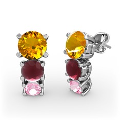 Sitrin, kök yakut ve pembe kuvars 14 ayar beyaz altın küpe