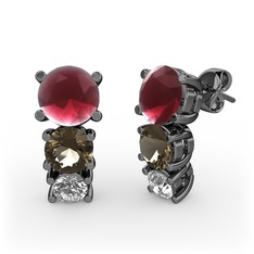 Scala Küpe - Kök yakut, dumanlı kuvars ve pırlanta 925 ayar siyah rodyum kaplama gümüş küpe (0.22 karat) #1m2guey