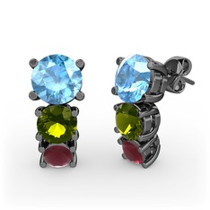 Scala Küpe - Akuamarin, peridot ve kök yakut 925 ayar siyah rodyum kaplama gümüş küpe #1mjn4l