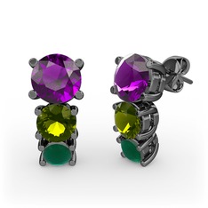 Scala Küpe - Ametist, peridot ve kök zümrüt 925 ayar siyah rodyum kaplama gümüş küpe #1mon0gm