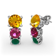 Sitrin, rodolit garnet ve kök zümrüt 8 ayar beyaz altın küpe