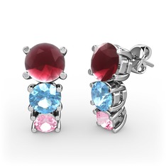 Kök yakut, akuamarin ve pembe kuvars 14 ayar beyaz altın küpe