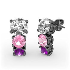 Beyaz zirkon, pembe kuvars ve ametist 925 ayar siyah rodyum kaplama gümüş küpe