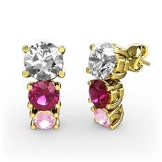 Pırlanta, rodolit garnet ve pembe kuvars 8 ayar altın küpe (1 karat)