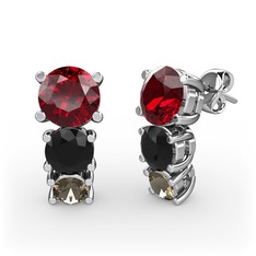 Scala Küpe - Garnet, siyah zirkon ve dumanlı kuvars 18 ayar beyaz altın küpe #1pwlyuq