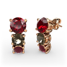 Garnet, dumanlı kuvars ve kök yakut 18 ayar rose altın küpe