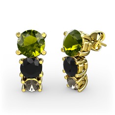 Peridot, siyah zirkon ve dumanlı kuvars 8 ayar altın küpe
