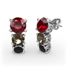 Garnet, dumanlı kuvars ve siyah zirkon 8 ayar beyaz altın küpe