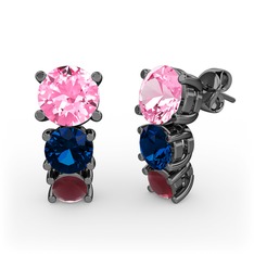 Scala Küpe - Pembe kuvars, lab safir ve kök yakut 925 ayar siyah rodyum kaplama gümüş küpe #1r4vu44