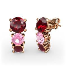 Scala Küpe - Garnet, pembe kuvars ve kök yakut 14 ayar rose altın küpe #1r5ir0t