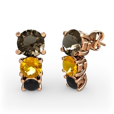 Dumanlı kuvars, sitrin ve siyah zirkon 18 ayar rose altın küpe