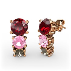 Garnet, pembe kuvars ve dumanlı kuvars 18 ayar rose altın küpe