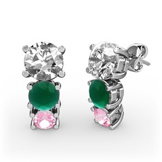 Swarovski, kök zümrüt ve pembe kuvars 14 ayar beyaz altın küpe
