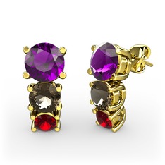 Ametist, dumanlı kuvars ve garnet 14 ayar altın küpe