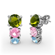 Peridot, pembe kuvars ve akuamarin 8 ayar beyaz altın küpe