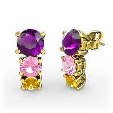 Ametist, pembe kuvars ve sitrin 18 ayar altın küpe