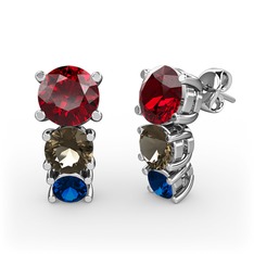 Garnet, dumanlı kuvars ve lab safir 14 ayar beyaz altın küpe