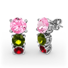 Pembe kuvars, peridot ve garnet 8 ayar beyaz altın küpe