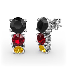 Siyah zirkon, garnet ve sitrin 8 ayar beyaz altın küpe