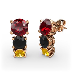 Garnet, siyah zirkon ve sitrin 14 ayar rose altın küpe