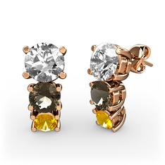 Beyaz zirkon, dumanlı kuvars ve sitrin 14 ayar rose altın küpe