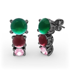 Scala Küpe - Kök zümrüt, kök yakut ve pembe kuvars 925 ayar siyah rodyum kaplama gümüş küpe #23mj4r