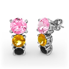 Scala Küpe - Pembe kuvars, sitrin ve siyah zirkon 14 ayar beyaz altın küpe #2baz83